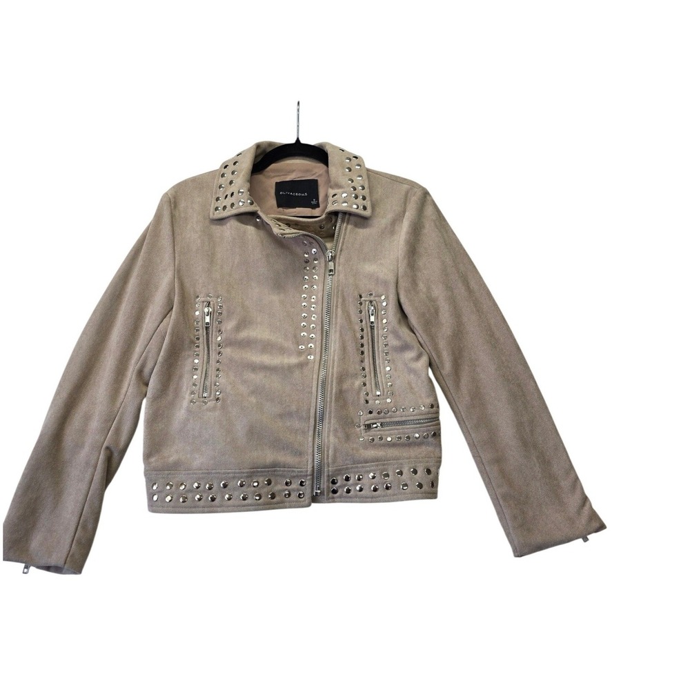 Olivaceous Tan Faux Suede Studded Moto Jacket Medium Biker Coat